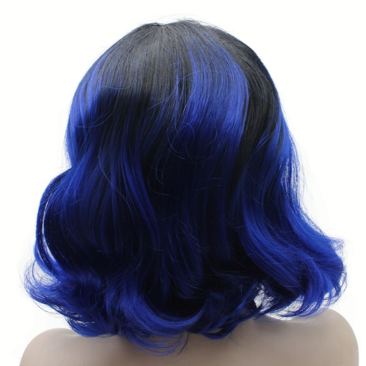 Mxangel – Peluca de cabello sintético corto rizado con raíces negras, encaje frontal, color azul joya ombré, pelo de fibra resistente al calor