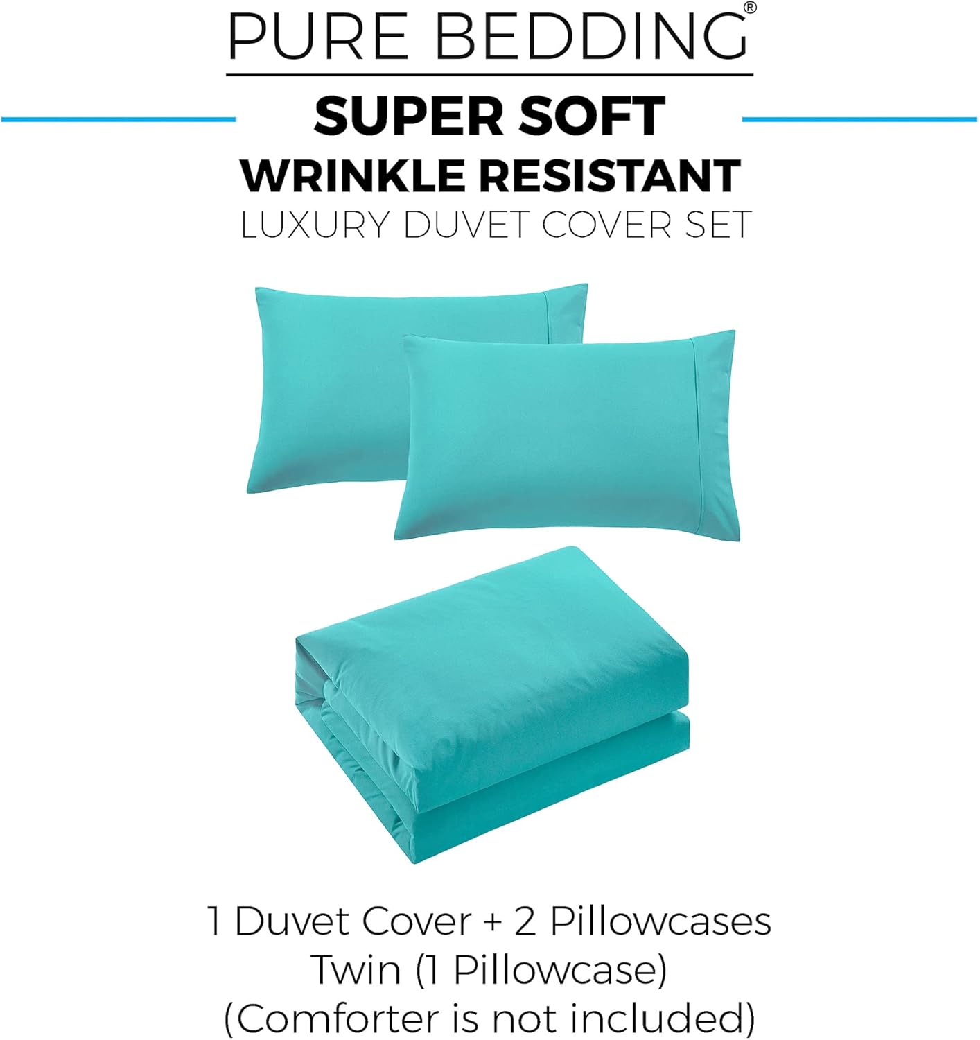 Pure Bedding Funda de edredón individual 2 piezas, aguamarina  1 protector de edredón con solapa de cremallera y 1 funda de almohada  Hotel Luxury