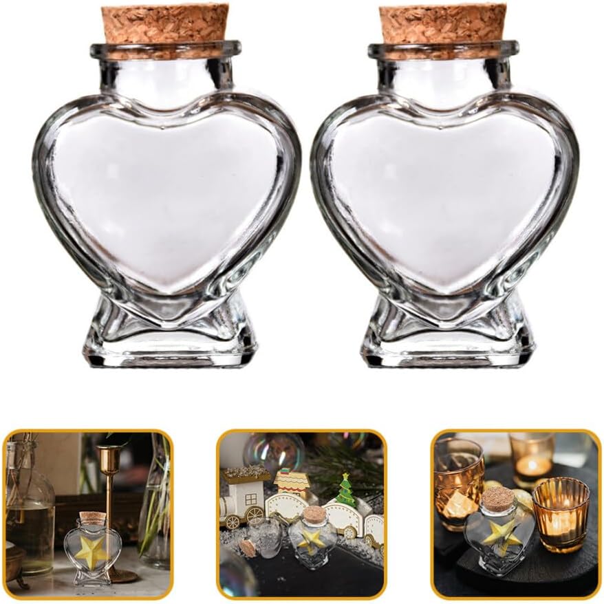 ULTECHNOVO Botella de cristal con forma de corazón, 1.7 fl oz, mini frascos de vidrio transparente con corchos, mini botella de deriva para