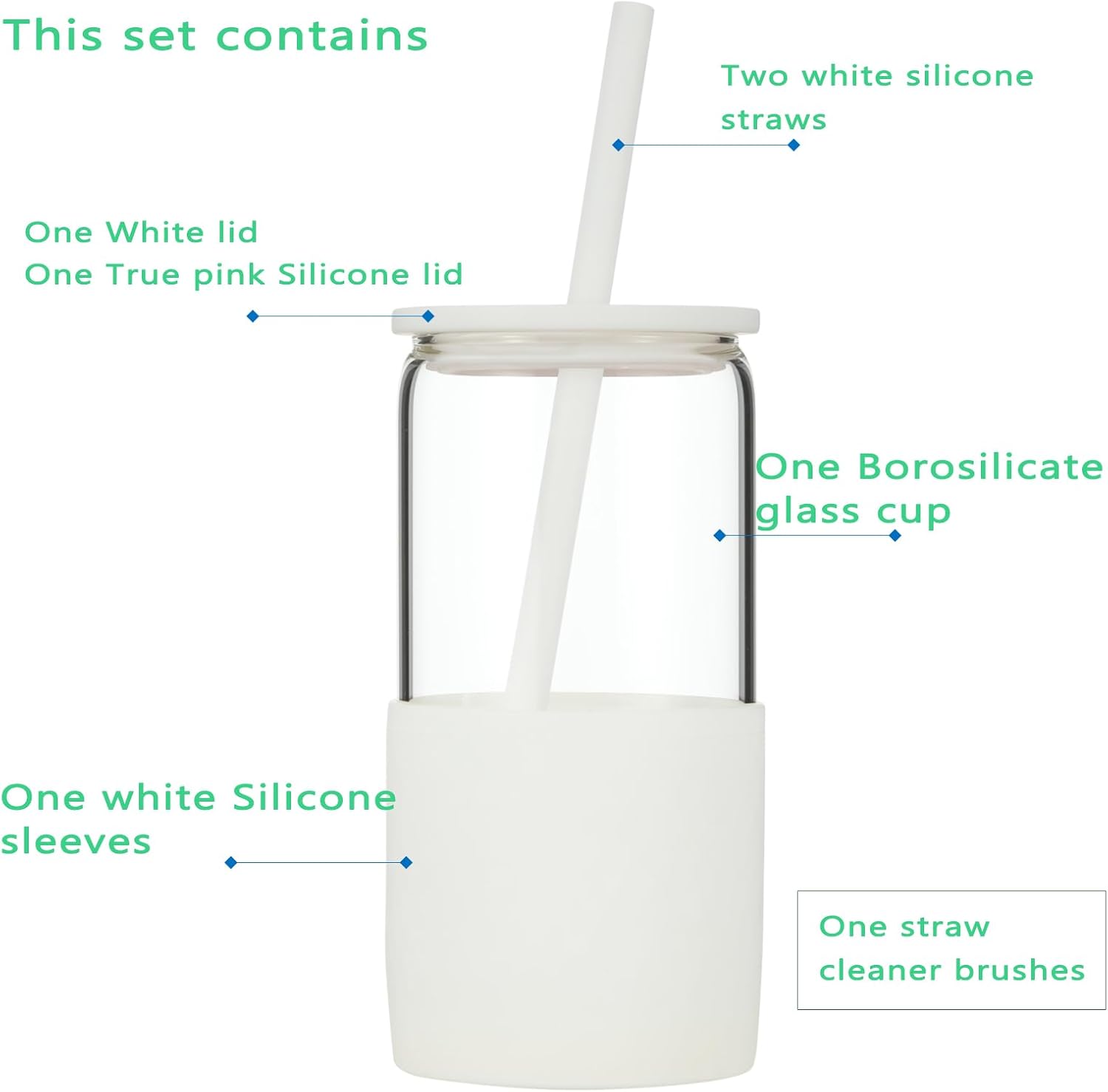 Spacenight Vasos de vidrio con tapas y popotes, vaso con tapa y pajita, taza de café helado de 16 onzas, tapas de silicona proporcionan una fuerte