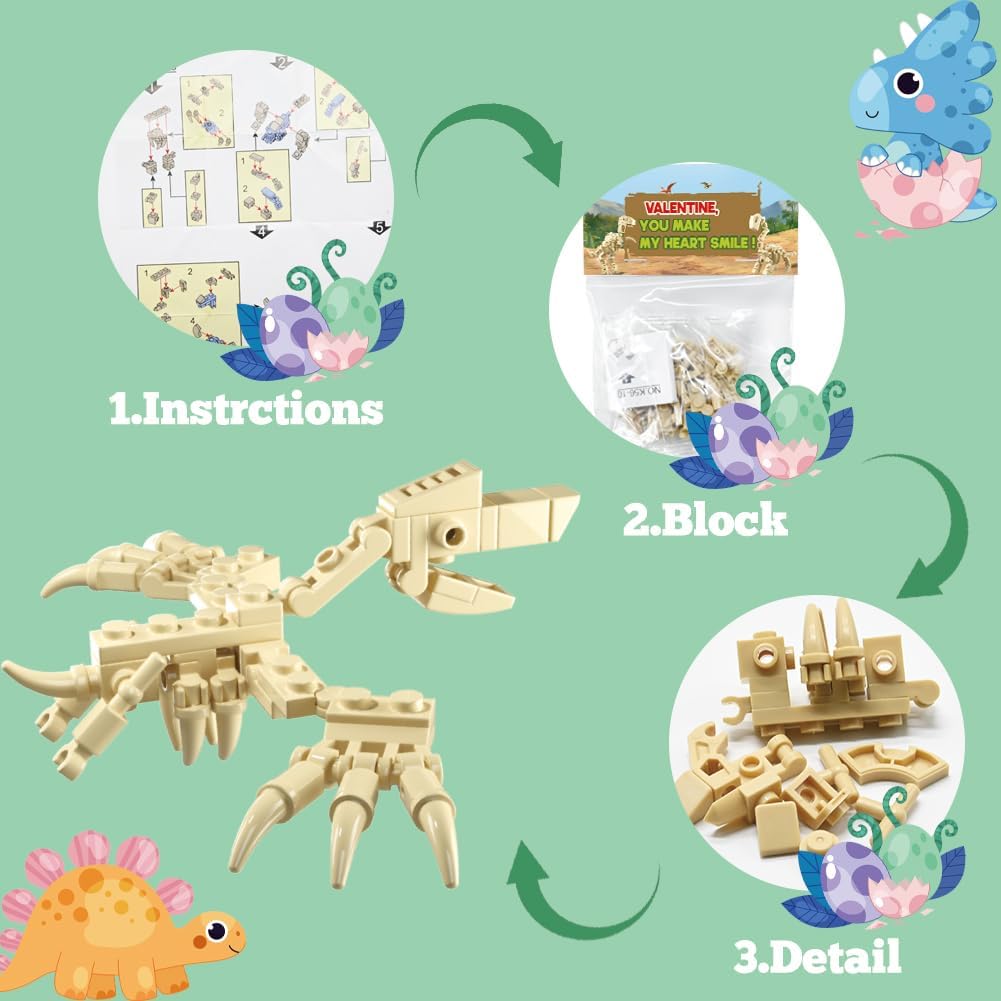 WODMAZ Paquete de 24 tarjetas de San Valentín para niños, bloques de construcción de dinosaurios con tarjetas de felicitación del día de San