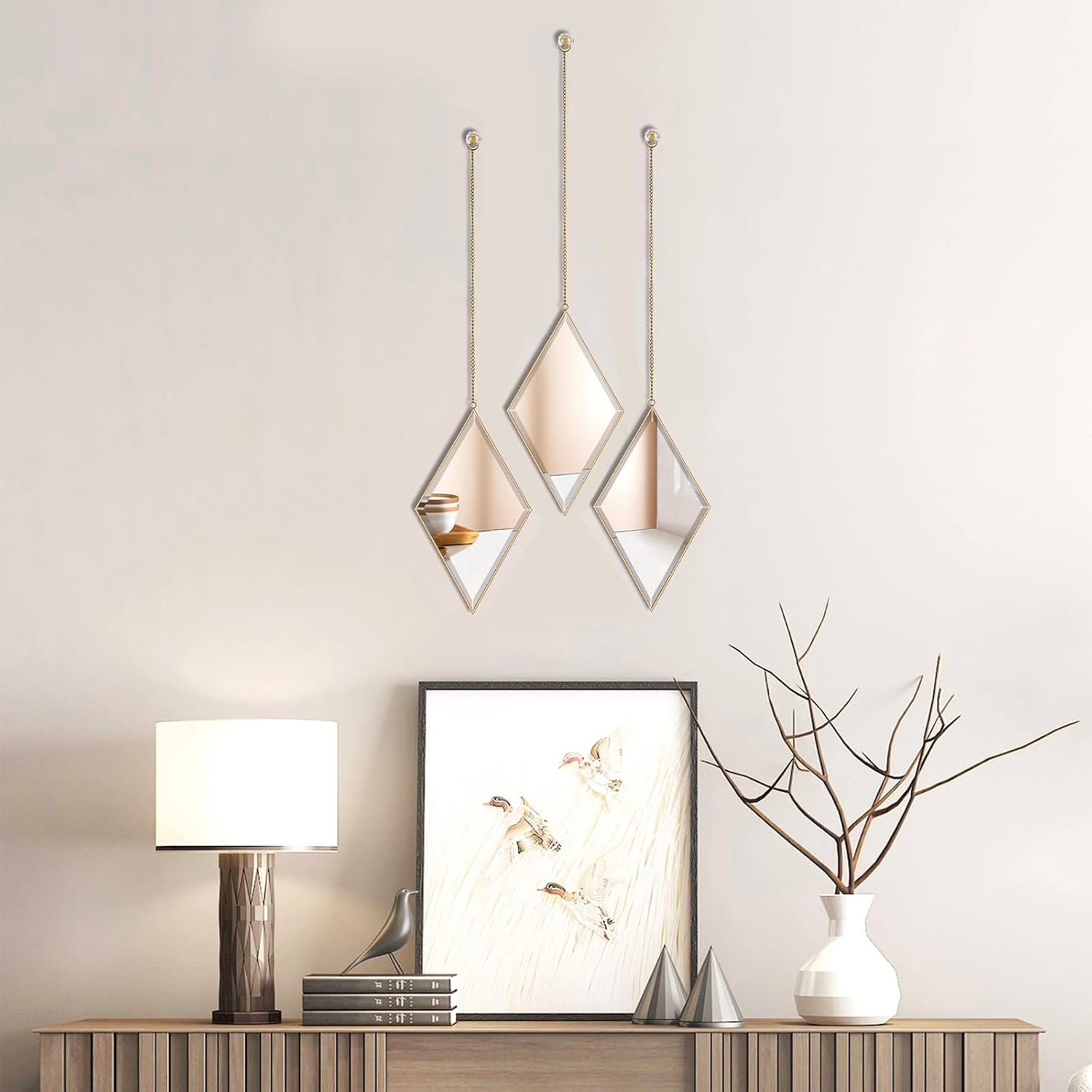 PHOSPHOR Espejo de pared decorativo de diamante, juego de 3 piezas de espejo dorado para decoración del hogar con cadena colgante, espejos de pared