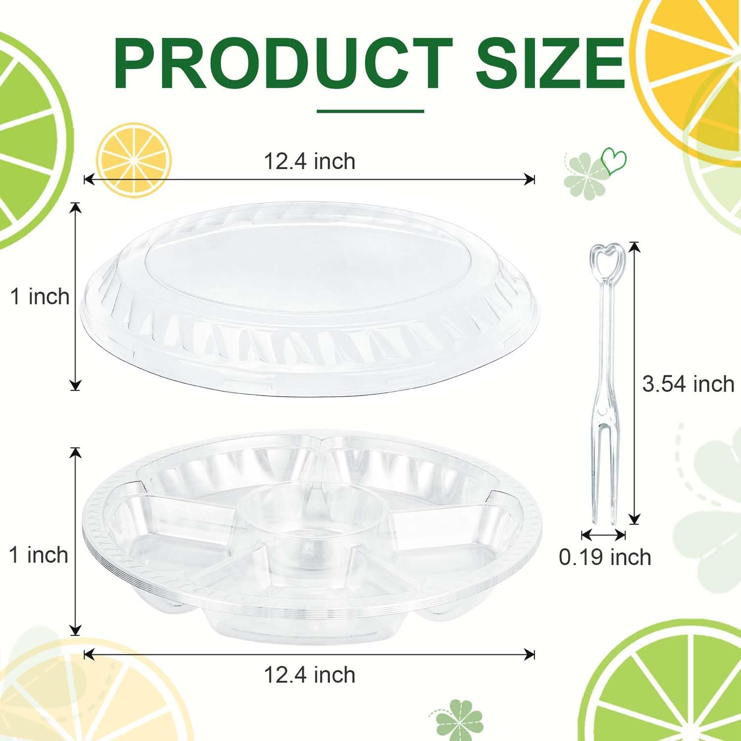 Paquete de 12 bandejas redondas para servir aperitivos con tapas con tenedor, aperitivos, bandeja de plástico para verduras, frutas, recipientes