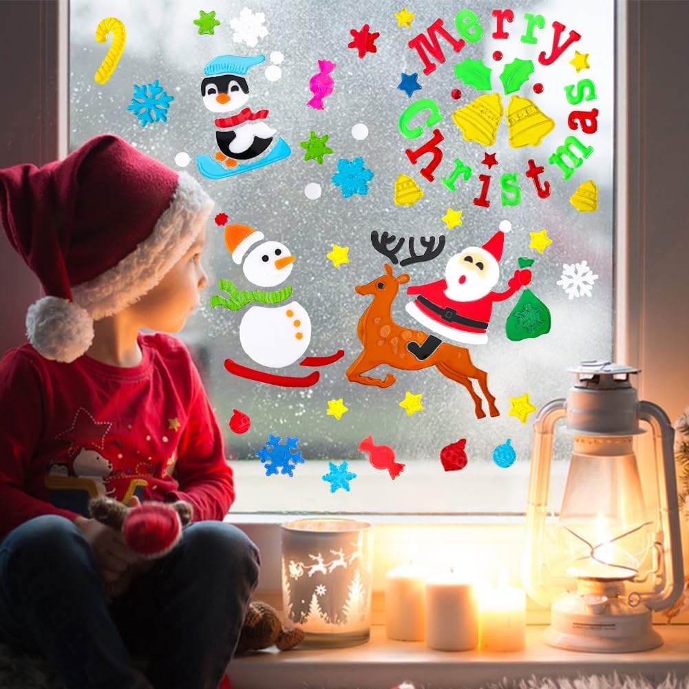 Calcomanías de gel grueso para ventana de niños, para niños, para niños y adultos, para aula, hogar, guardería, avión, fiesta de cumpleaños (Navidad