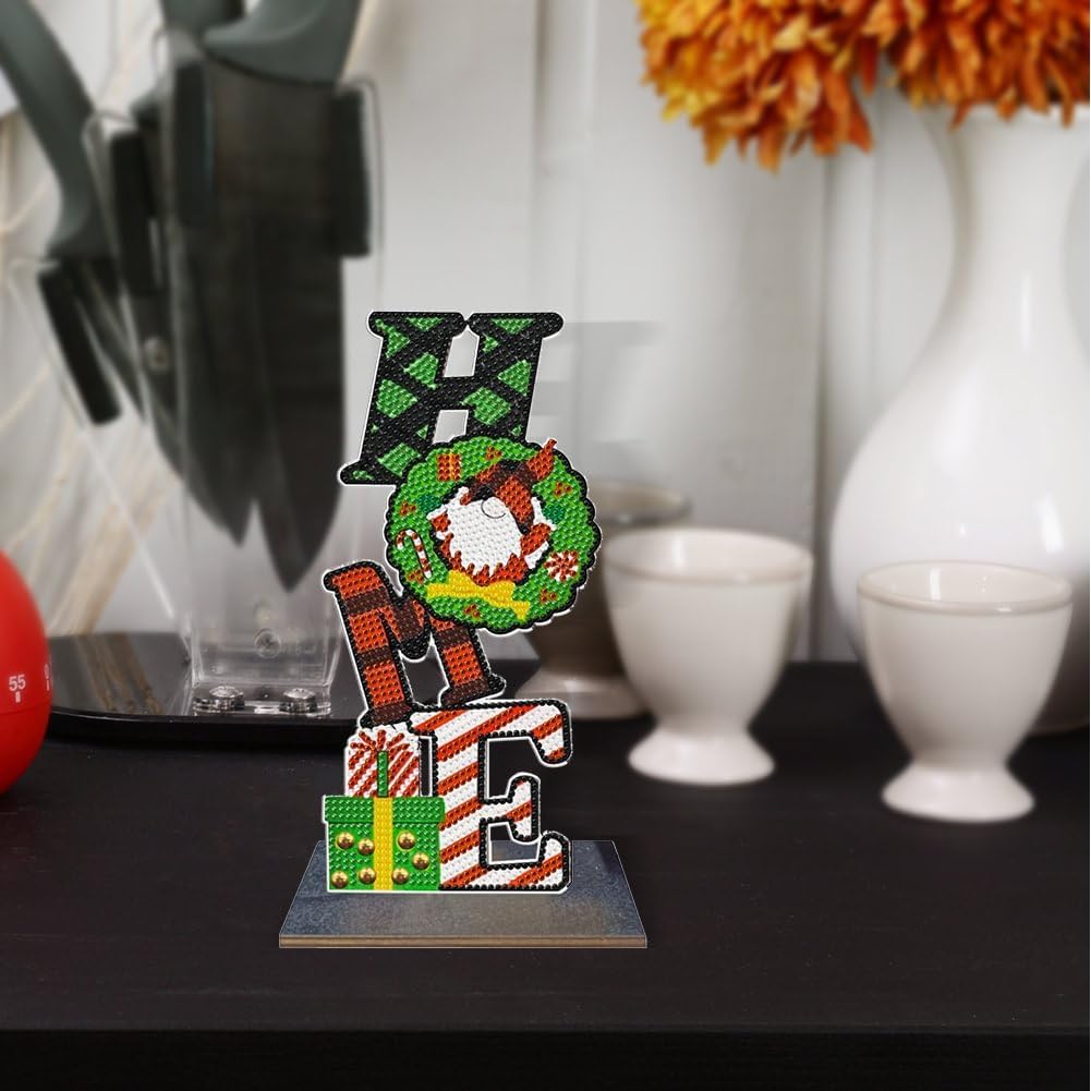 LUSandy Kit de adornos de pintura de diamantes de Navidad 5D con forma especial de cristal de madera para el hogar, adorno de escritorio para Año