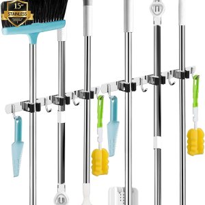 Paquete de 2 estantes y 4 ganchos para escobas y trapeadores, organizador de almacenamiento de herramientas de acero inoxidable, ganchos Paquete de 2 estantes y 4 ganchos para escobas y trapeadores, organizador de almacenamiento de herramientas de acero inoxidable, ganchos