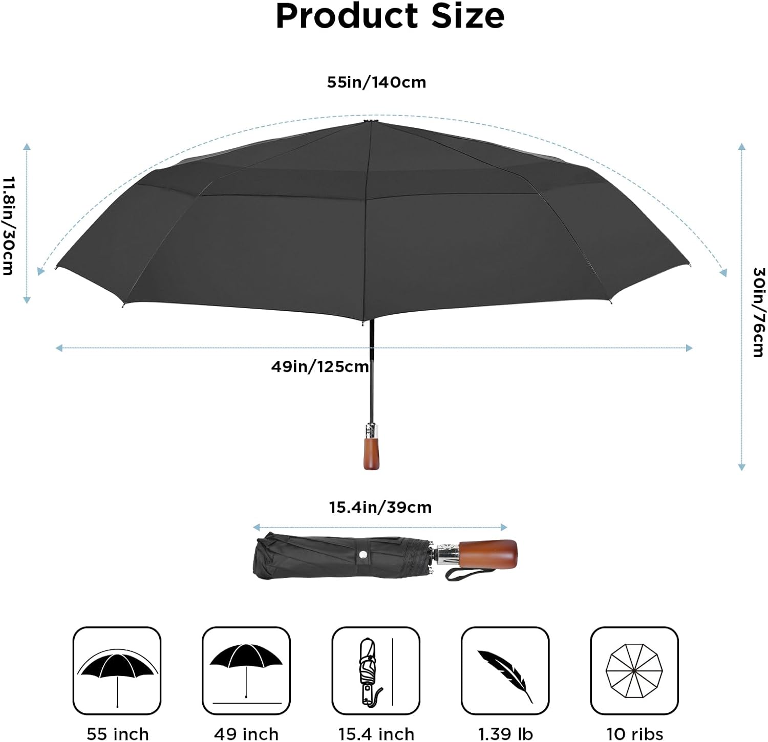 Satol 55 Inch Automatic Open Golf Umbrella, Oversize Windproof Waterproof Large Double Canopy Vented 10 Ribs Folding Travel Umbrella, UPF 50+ UV