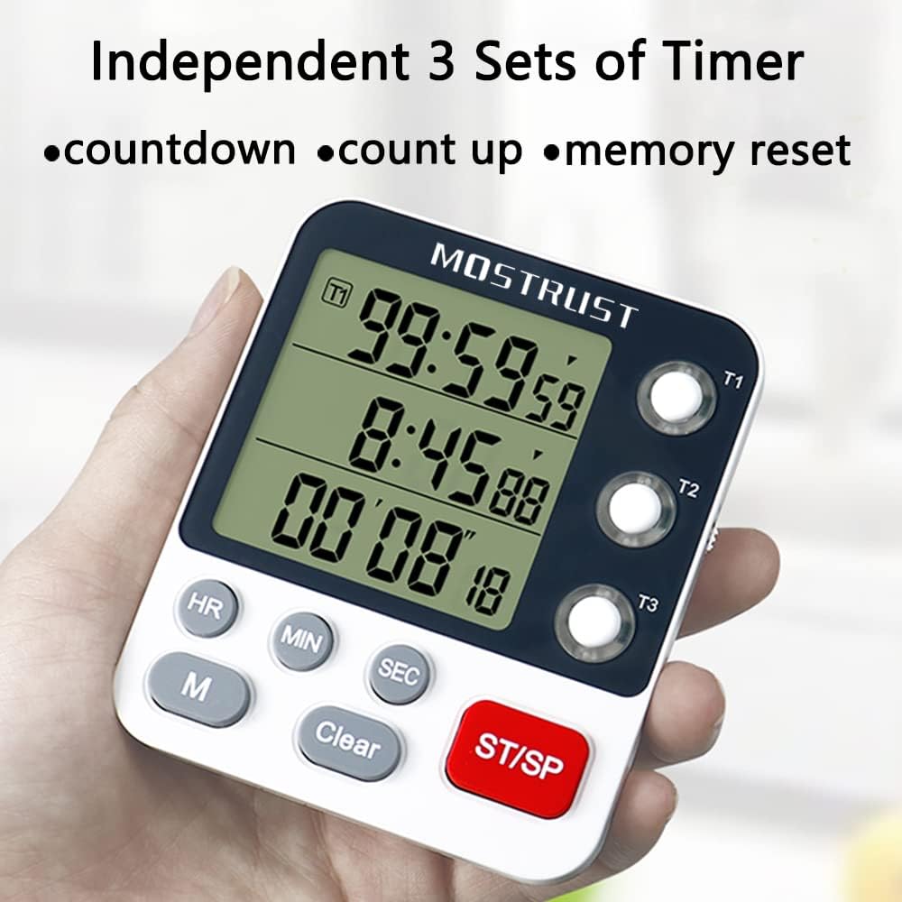 Temporizador digital de cocina doble, temporizador de 3 canales, temporizador de cocción, pantalla grande, triple temporizador, alarma de volumen