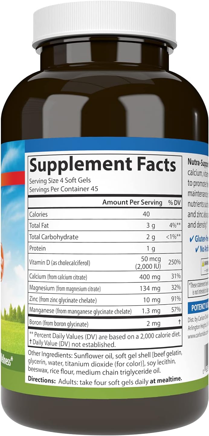 Carlson – Nutra-Support Hueso, calcio, magnesio y vitamina D3, salud ósea, absorción de calcio y bienestar óptimo, 180 cápsulas blandas