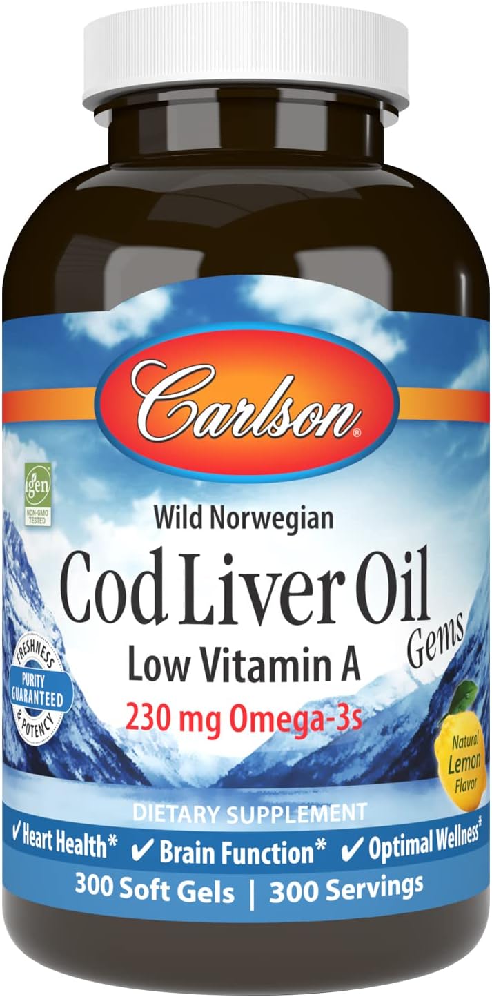 Carlson – Gemas de aceite de hígado de bacalao, baja vitamina A, 230 mg de omega-3, noruego, capturado en la naturaleza, de origen sostenible, 300