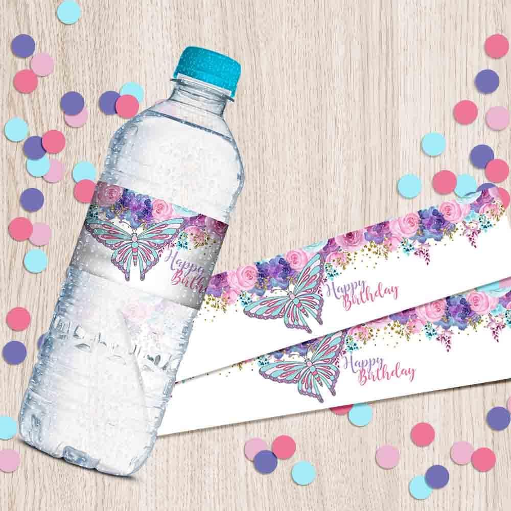 AmandaCreation – Envoltura de calcomanías impermeables para botellas de agua con temática de mariposas y acuarelas florales, 20 etiquetas