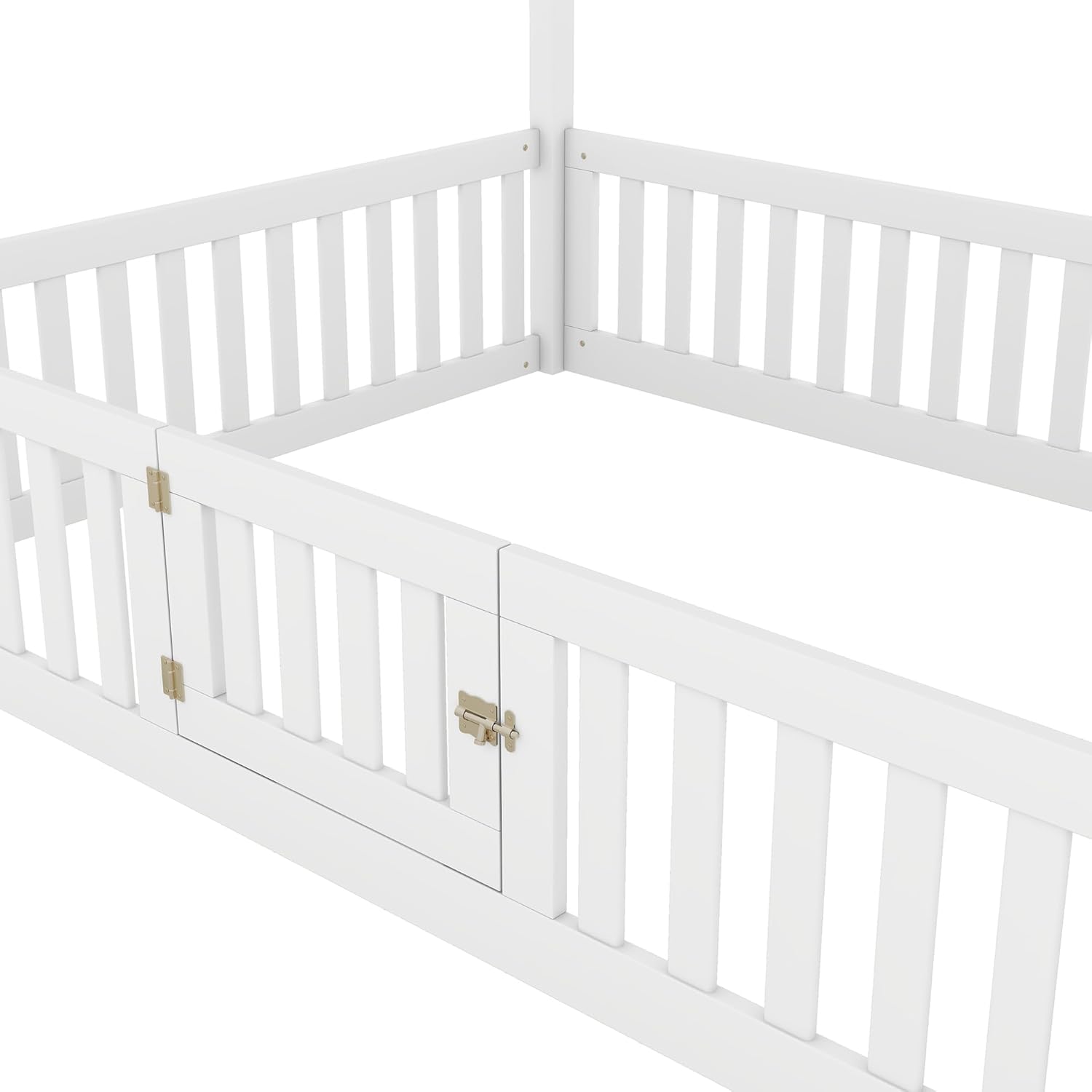 Marco de cama de casa para niños, cama Montessori de madera tamaño matrimonial con diseño de valla y puerta, cama de piso completo con rieles para