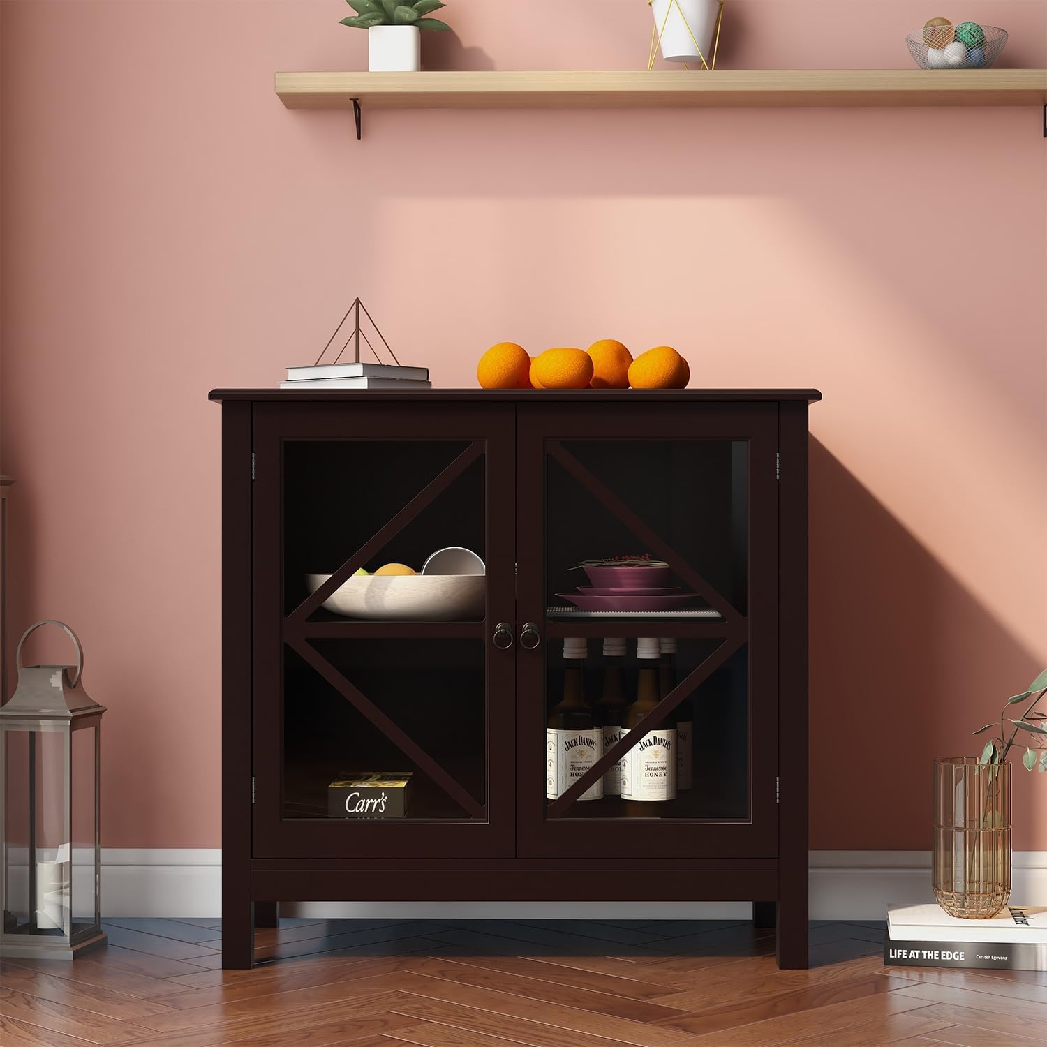 Mesa de bufé de cocina elegante para el hogar, aparador, mesa de consola con 2 puertas de vidrio y estante de almacenamiento, armario de entrada