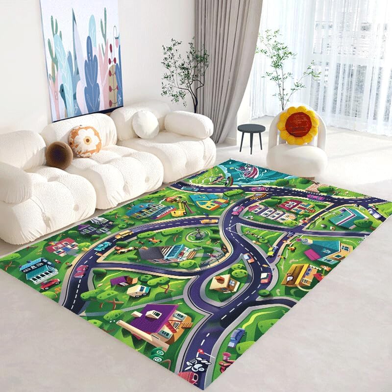 Large Cartoon playroom Carpet, Road Traffic Carpet for Boys and Girls Playing with car Toys, City Life car Carpet, Road Carpet, Play to Learn and