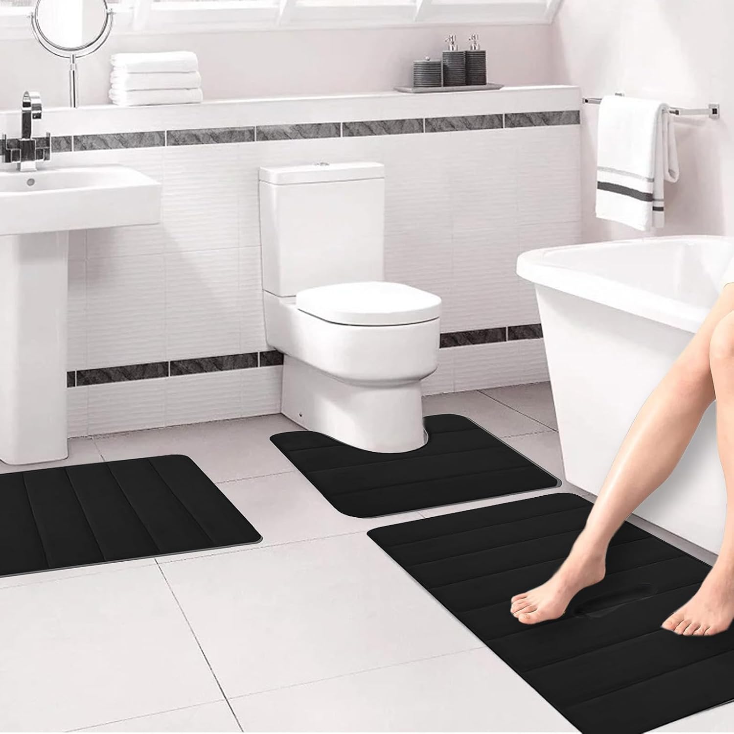 Hedgx Juego de tapetes de baño de espuma viscoelástica, alfombras gruesas de baño para 3 piezas, tapetes de inodoro, suaves y cómodos, de alta