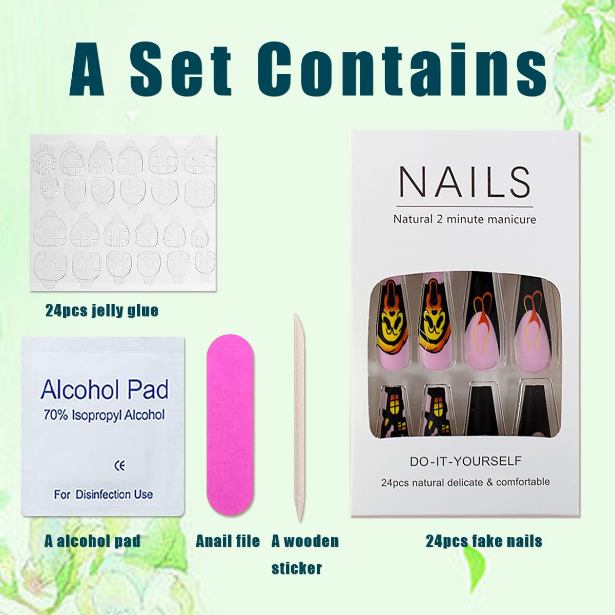 Uñas largas a presión para Halloween, uñas postizas de ataúd rosa, uñas adhesivas con diseño de casa fantasma, uñas postizas de murciélago, uñas