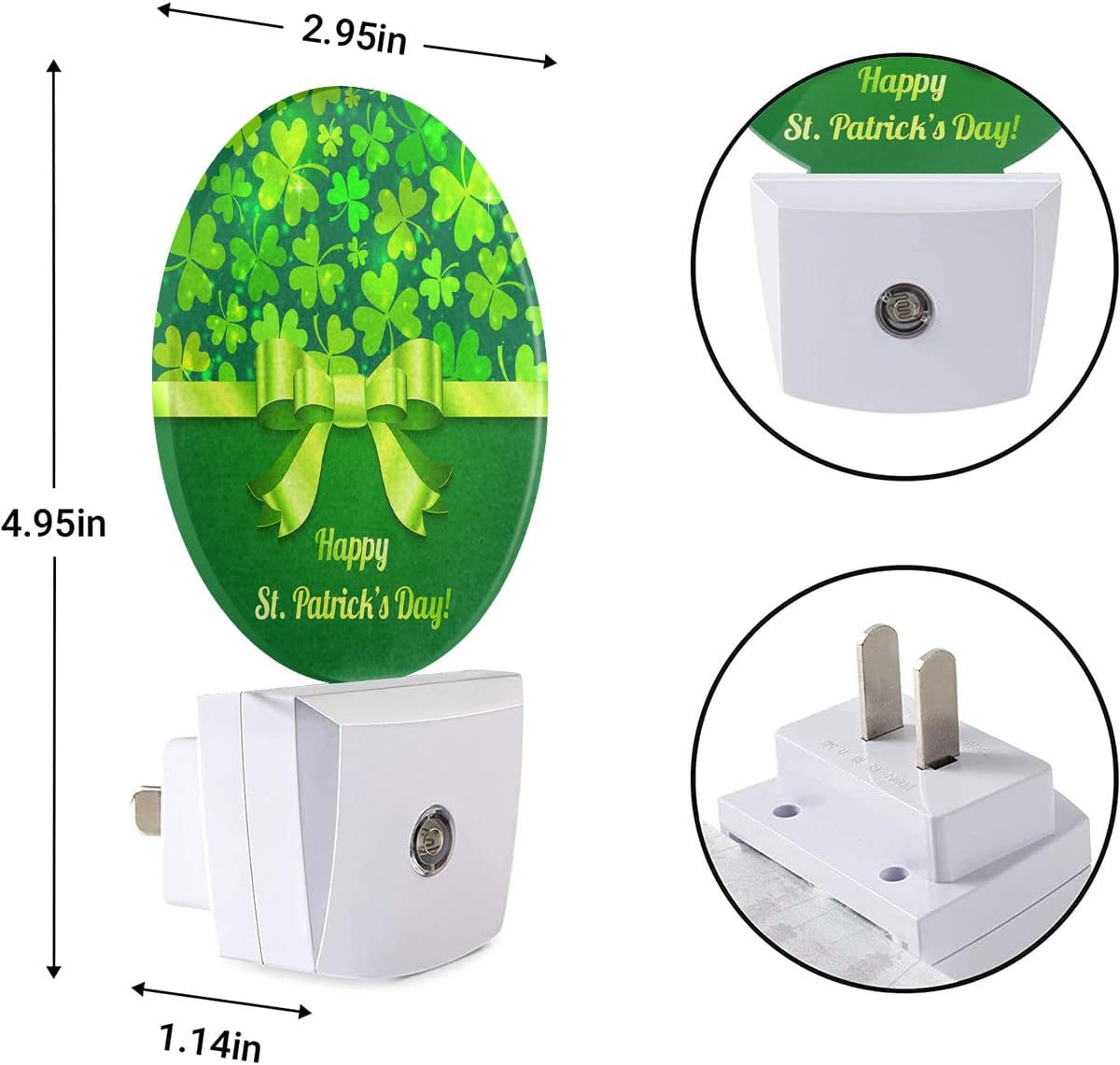 EKOBLA Regalo de San Patricio, luz nocturna de trébol, hojas de trébol verde, pajarita, luces nocturnas de la suerte, enchufe a la pared, sensor de