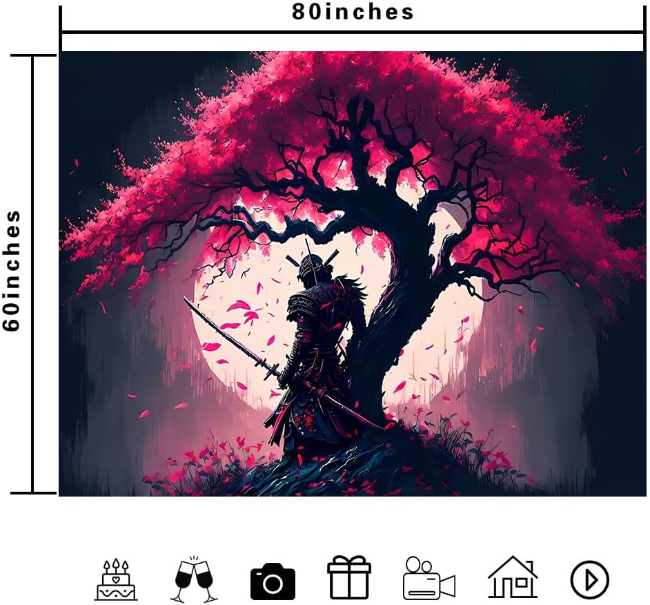 Ine Ive Tapiz samurái japonés para dormitorio, estética de luna llena, cerezo, árbol, guerrero, asiático oriental, tapiz de pared, 80 x 60 pulgadas,
