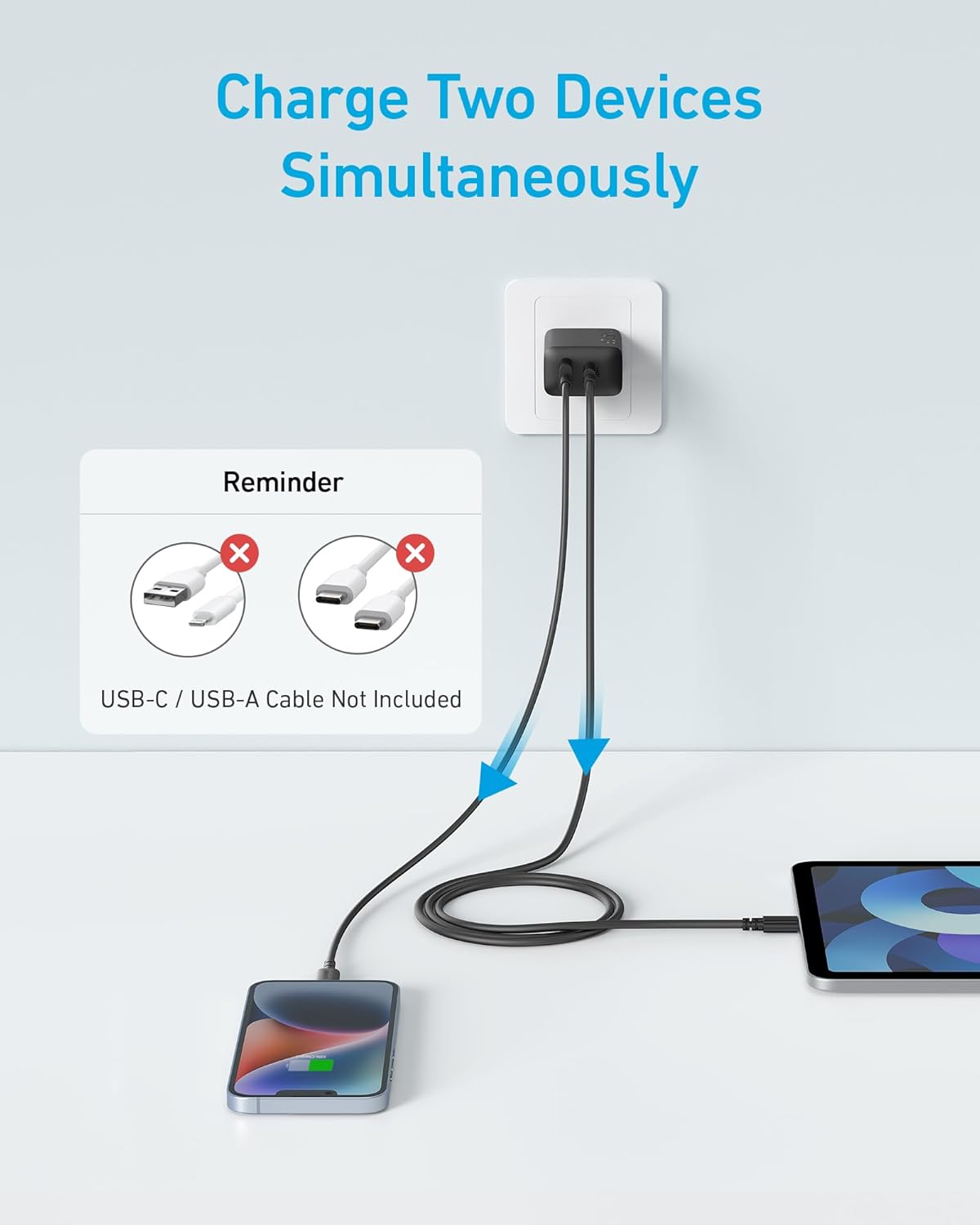 Anker Cargador para iPhone 15, cargador Anker USB C, paquete de 2 cargadores de pared rápidos USB de doble puerto de 20 W, bloque de cargador USB C