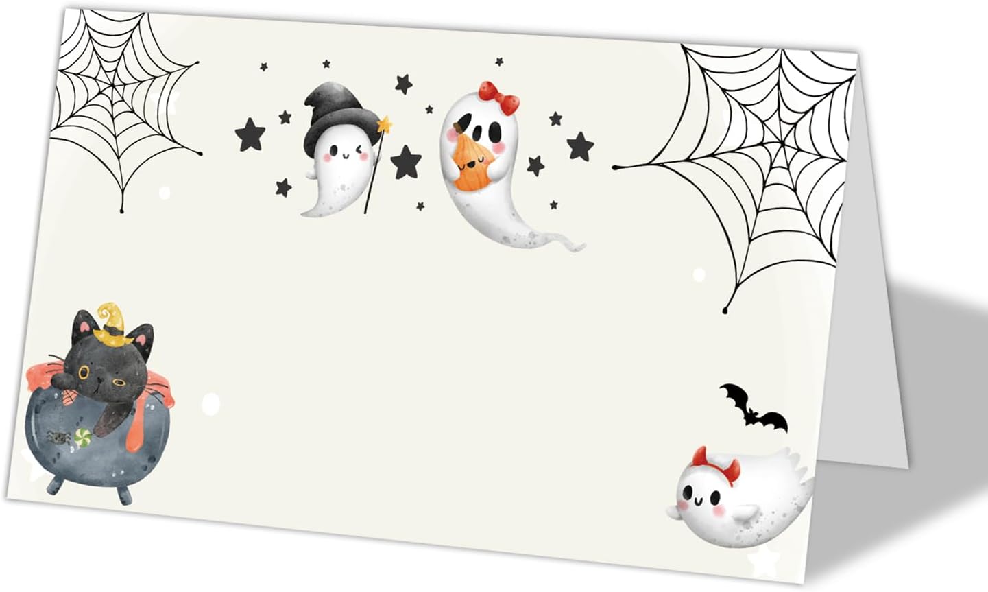 Tarjetas de lugar de mesa de Halloween, tarjetas editables con nombre, paquete de 25 etiquetas de tienda de comida para bufé, tarjetas de nombre de