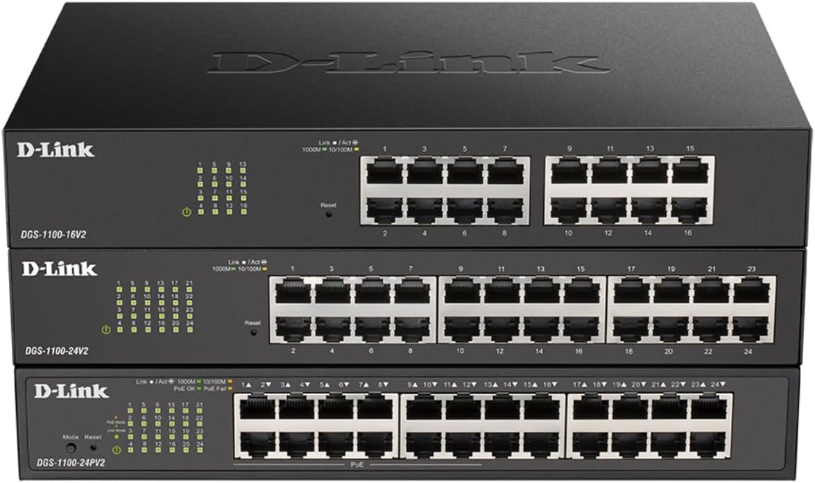 D-Link Conmutador Ethernet, 24 puertos Gigabit Easy Smart Managed Network Internet Desktop o Rack Mount (DGS-1100-24V2), negro