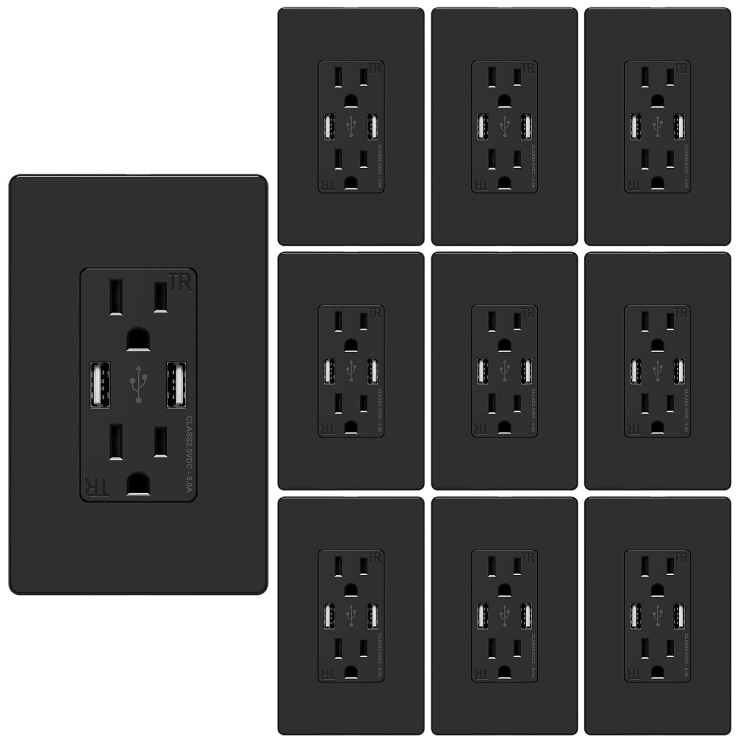 WEBANG Toma de corriente USB de 25 W y 5.0 amperios, toma de corriente de carga de 15 A con puertos USB, placa de pared sin tornillos incluida,