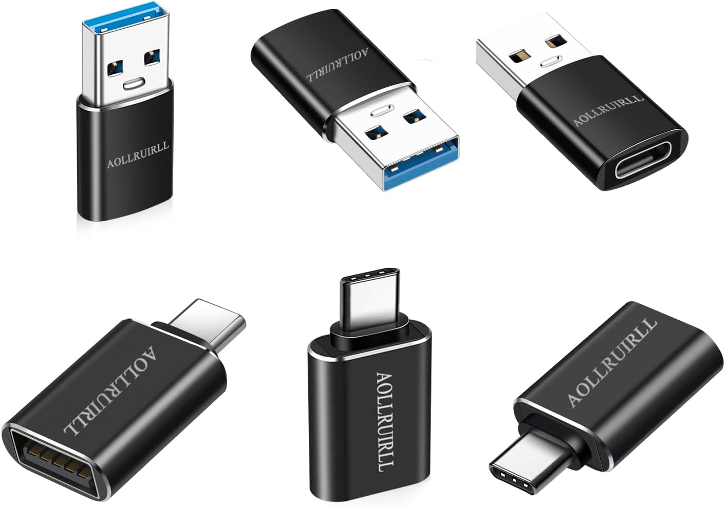 Paquete de 6 Adaptador USB C a USB (paquete de 3) y adaptador USB a USB C (paquete de 3) carcasa de aluminio Transferencia de datos SuperSpeed y