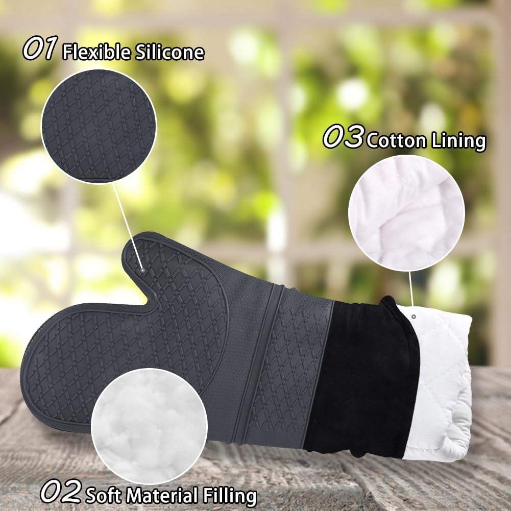 meioro Guantes de horno de silicona, resistentes al calor y antideslizantes, juego de guantes de horno de cocina flexibles con forro acolchado