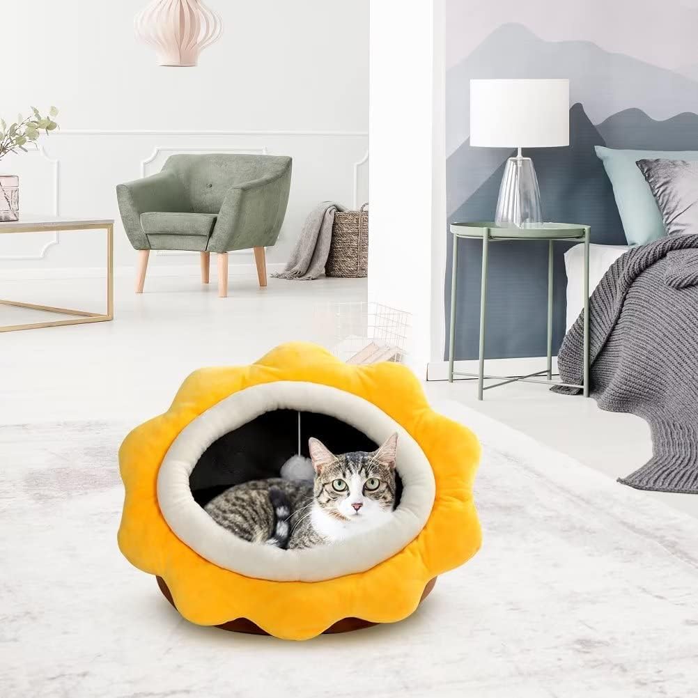 Camas para gatos de interior  Cama pequeña para gatos con parte inferior antideslizante, cueva en forma de girasol para gatosperros con juguete