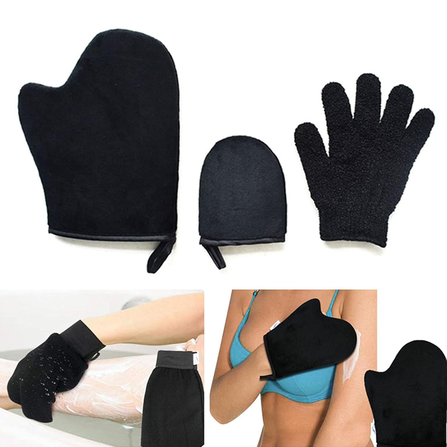 3 unidsset guantes de spa colgante diseño de cuerda a prueba de humedad súper flexible exfoliante auto bronceado guante para un