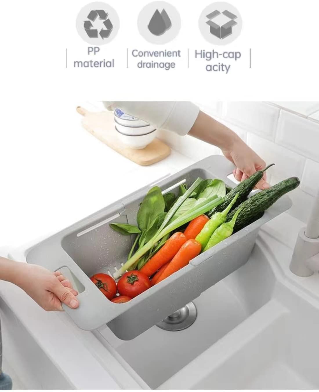 Colador sobre el fregadero – Lavar verduras y frutas, escurrir la pasta cocida y platos secos, espesa coladores y coladores extensibles para