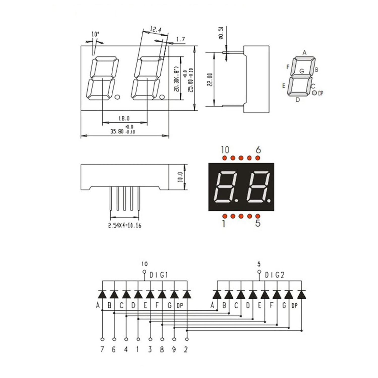PATIKIL Tubo digital con pantalla LED, paquete de 5 unidades de cátodo común 7 segmentos 10 pines 2 bits 2.1 V módulo de pantalla LED para placas de