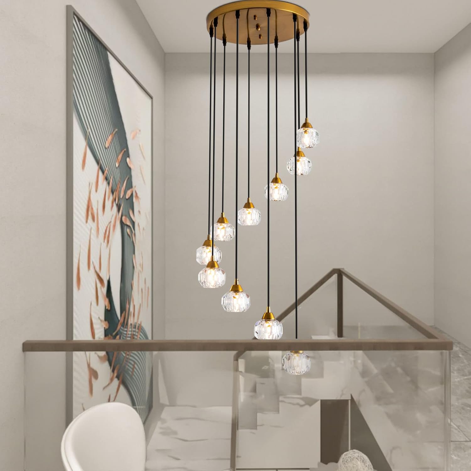 Maxax Candelabros de techo de cristal de 10 luces, lámpara colgante grande de gota de lluvia moderna de montaje empotrado, lámparas de techo de