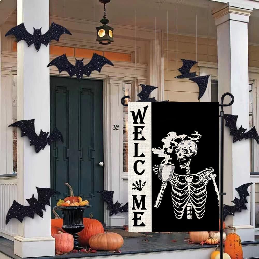 Bandera de jardín de otoño con diseño de calavera de Halloween con la bienvenida y girasol, calabaza, divertida, de 12 x 18 pulgadas, decoración de