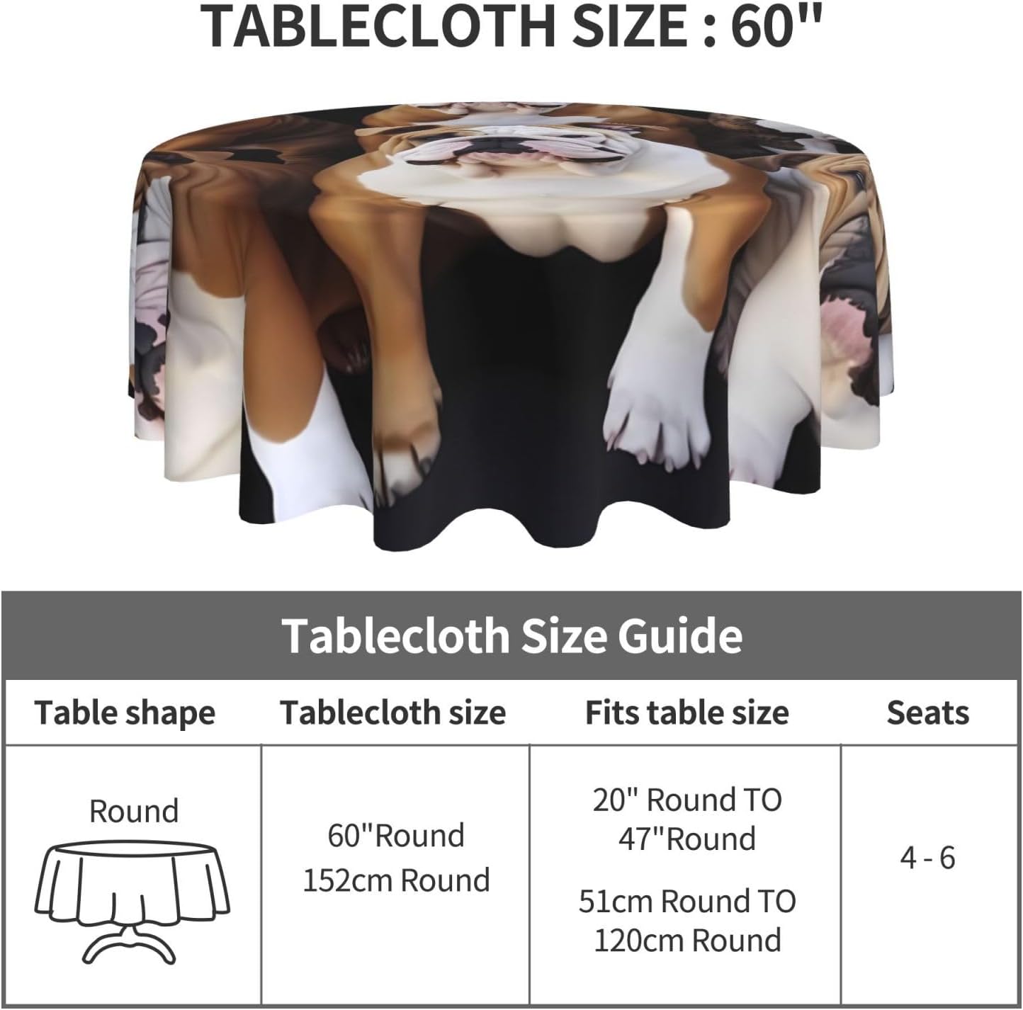 RLDOBOFE Mantel redondo de 60 pulgadas impermeable con estampado de bulldogs ingleses, mantel circular para cocina, comedor, arrugas, mantel redondo