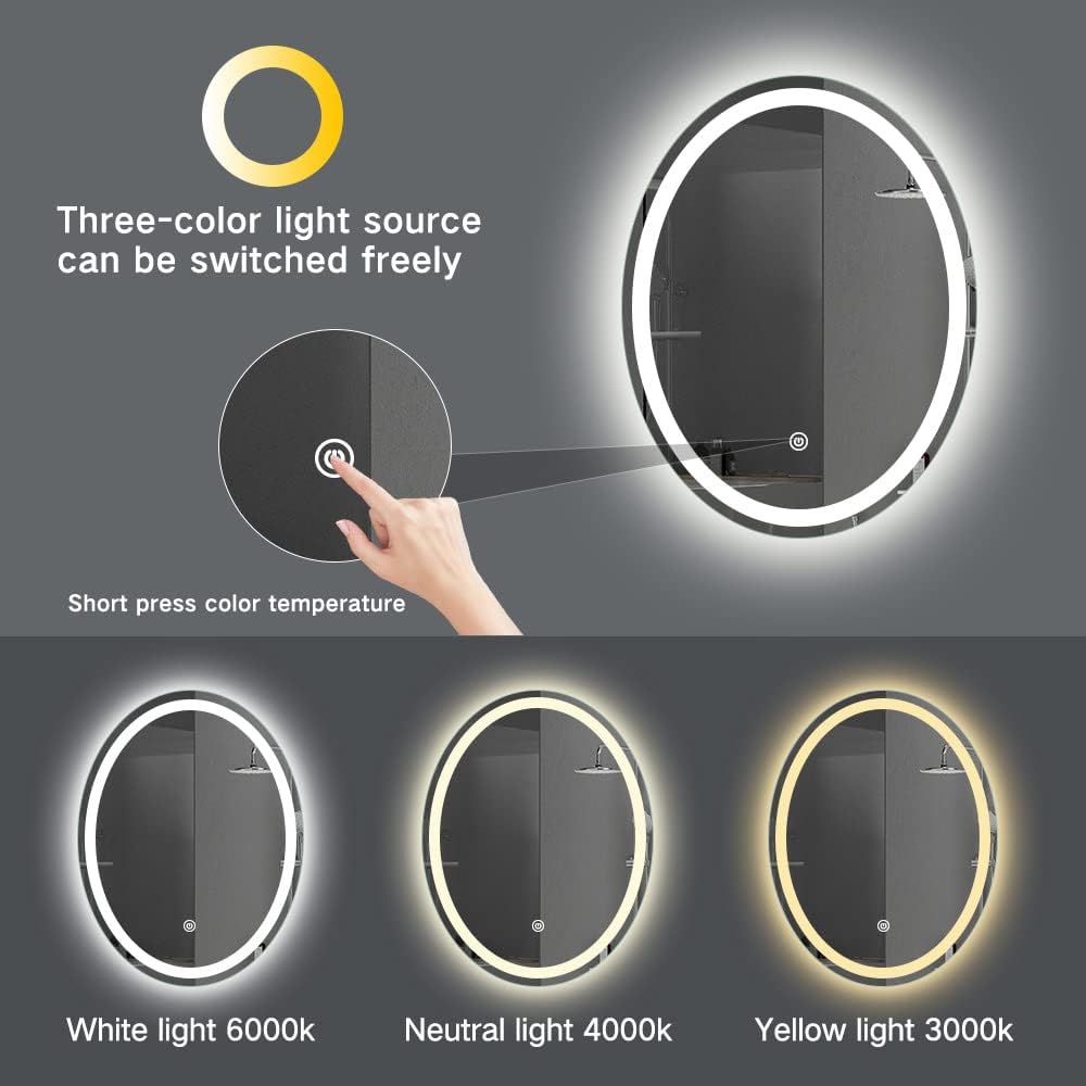 TACOVICI Espejo de tocador de baño iluminado por LED, 24 x 32 pulgadas, frontal y retroiluminado, montaje en pared, interruptor táctil, regulable,