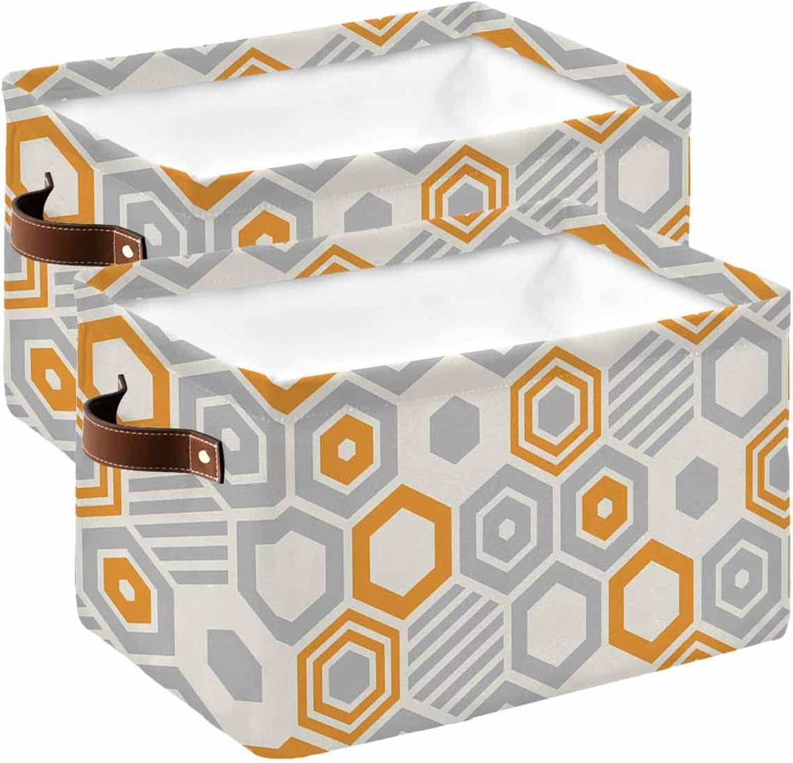 Orange Grey Storage Basket for Organizing Shelves, Collapsible Storage Bins Boxes with Handle, Modern Striped Geometric Abstract Art Canvas Hamper