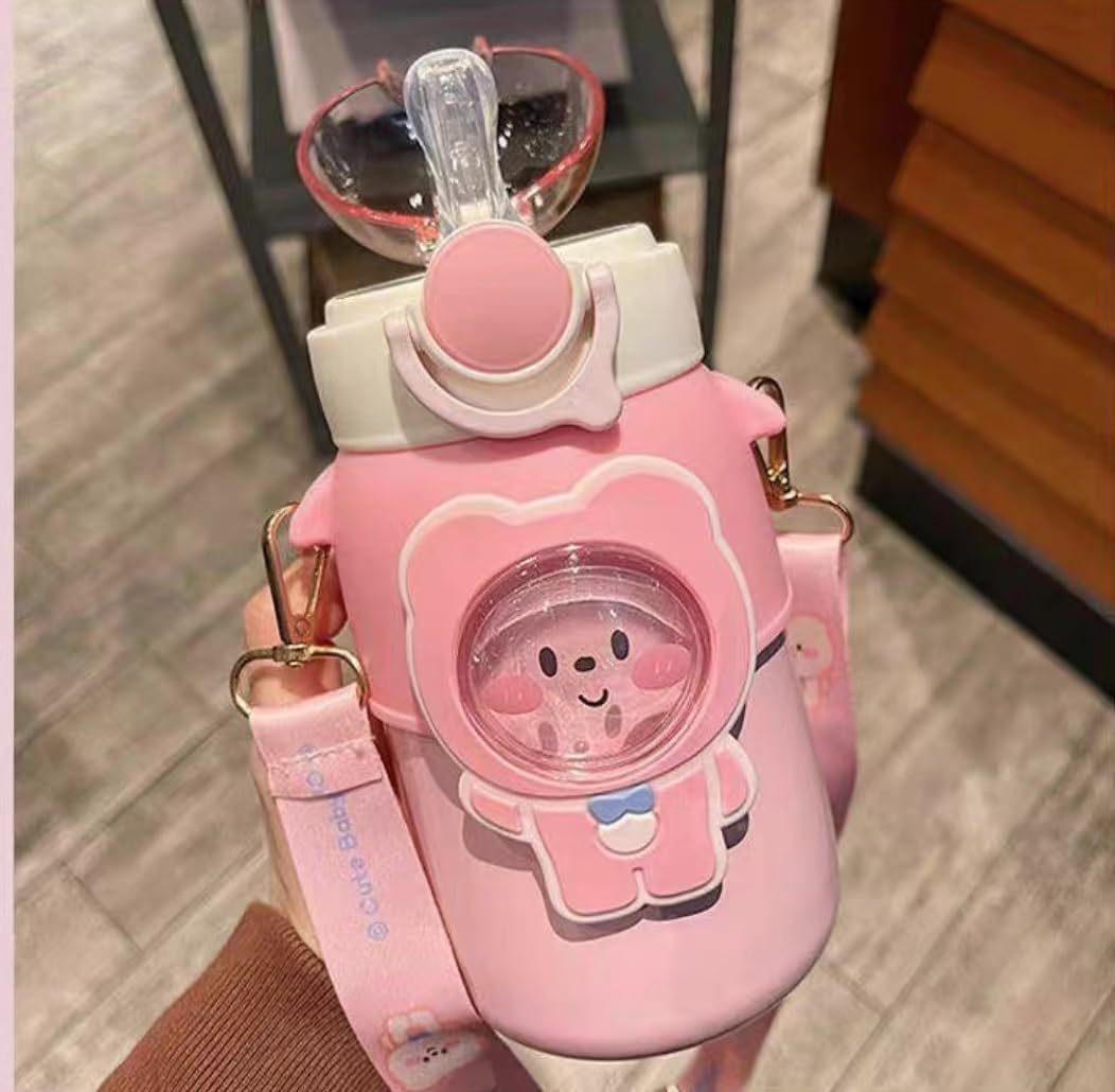Kawaii Bear – Botella de agua con popote y correa para el hombro, a prueba de fugas, de acero inoxidable al vacío, sin BPA, lindas botellas de agua