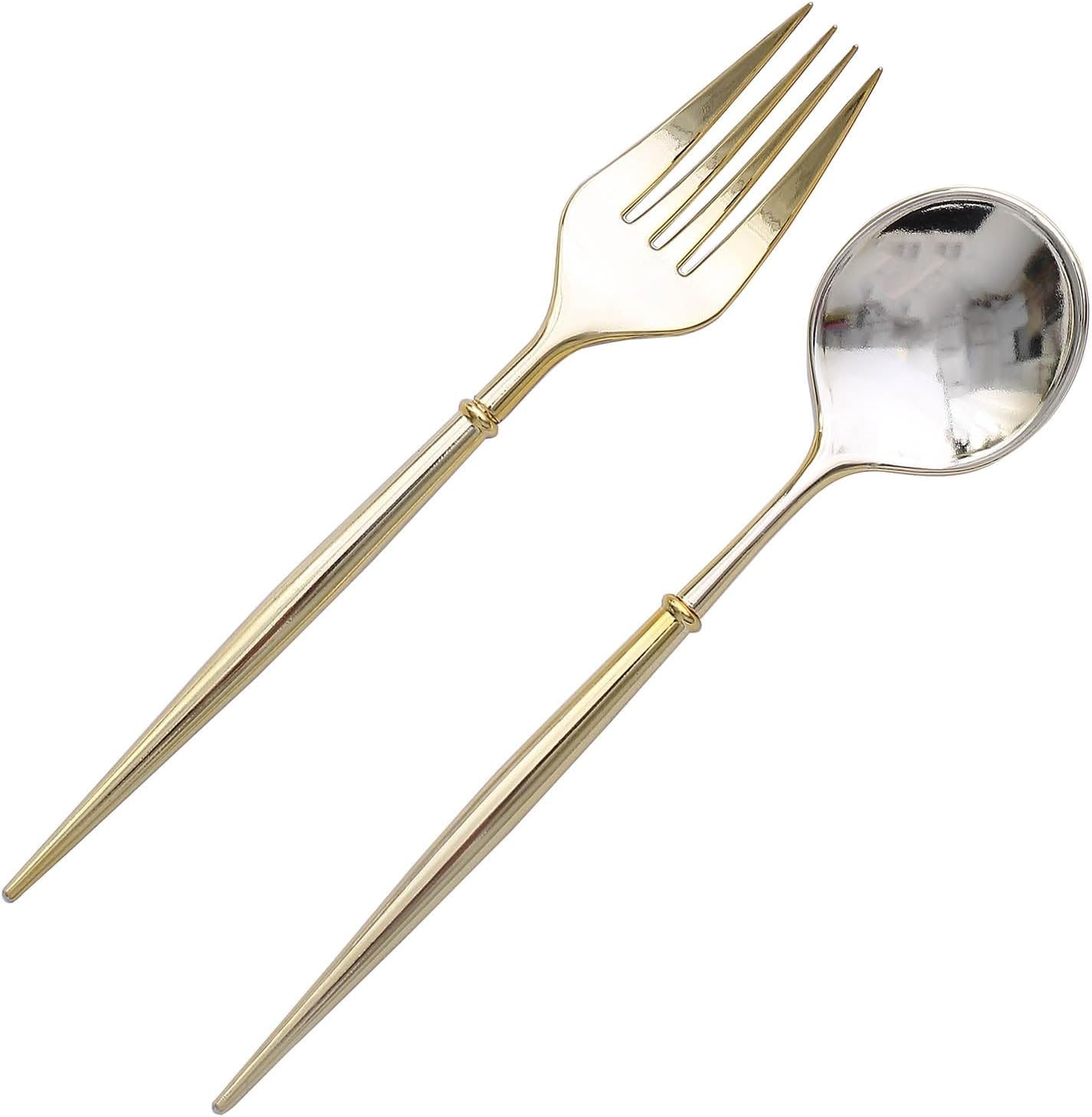 Efavormart – Juego de 24 utensilios de tenedorcuchara de plástico dorado metálico de 6 pulgadas, cubiertos desechables modernos y resistentes