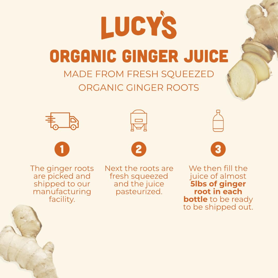 Lucy’s Propiedad familiar (hecho de fresco prensado) orgánico sin OMG 99% jugo de jengibre puro, botella de vidrio de 34 onzas