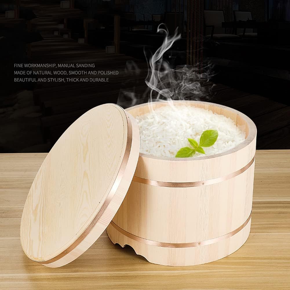 Cubo de arroz para sushi Oke con tapa, tazón grande de madera Hangiri para mezclar el hogar, cocina, contenedor de alimentos, cubo de madera