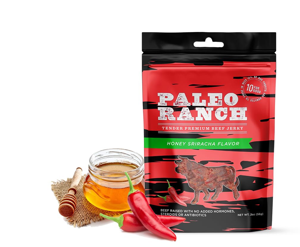 PALEO RANCH Grass-Fed Beef Jerky, All Natural, No Added Hormones, No Preservatives, 2-oz. Pouches, 8-Pack (Honey Sriracha)