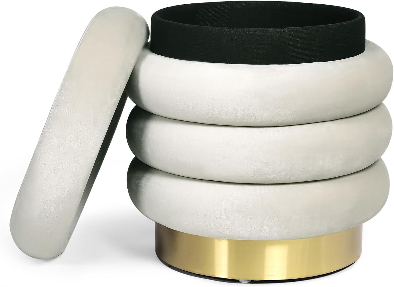 Adeco Taburete redondo otomano de terciopelo con almacenamiento, moderno reposapiés acolchado, reposapiés para sala de estar, dormitorio, beige