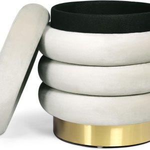 Adeco Taburete redondo otomano de terciopelo con almacenamiento, moderno reposapiés acolchado, reposapiés para sala de estar, dormitorio, beige Adeco Taburete redondo otomano de terciopelo con almacenamiento, moderno reposapiés acolchado, reposapiés para sala de estar, dormitorio, beige