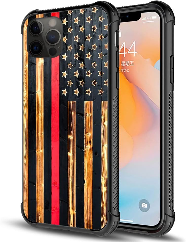 DAIZAG Funda compatible con iPhone 12, diseño de bandera de grano de madera de línea roja para iPhone 12 Pro, fundas para hombre y mujer, protección