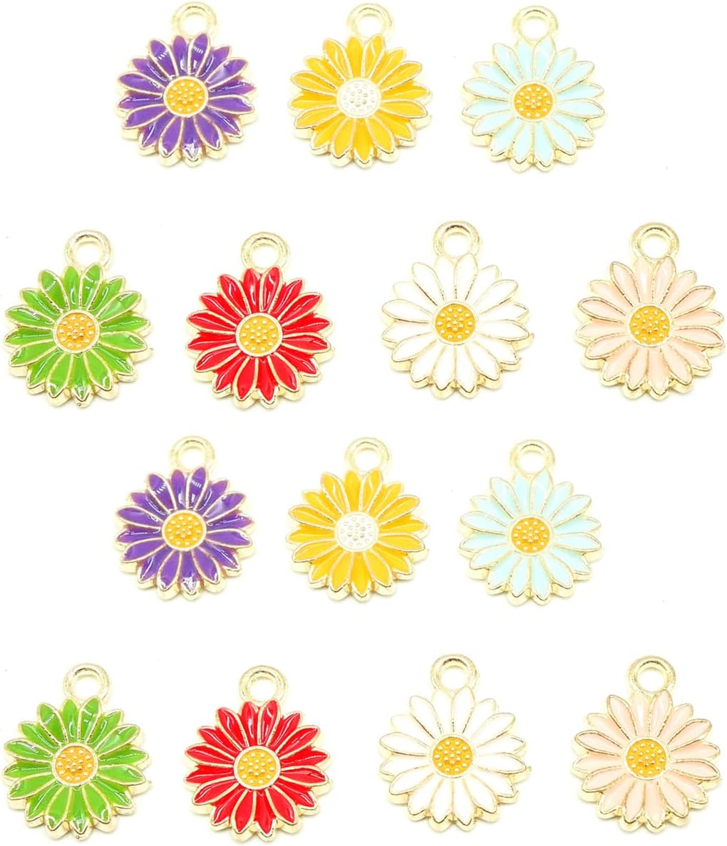 Paquete de 50 dijes esmaltados de girasol en tono dorado, cuentas para hacer joyas, aretes, collares, pulseras, accesorios, dijes de vino