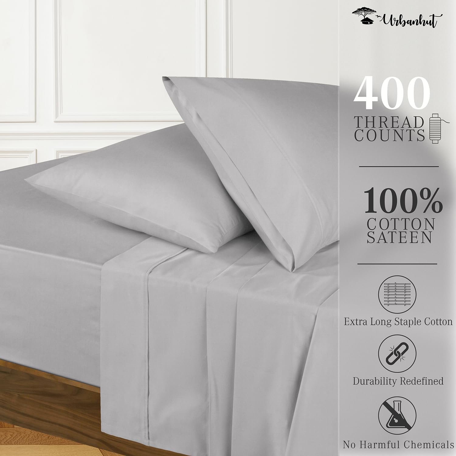 URBANHUT Sábanas de algodón egipcio tamaño Queen, sábanas de lujo de tejido satinado para cama tamaño Queen, juego de sábanas de 4 piezas, sábanas