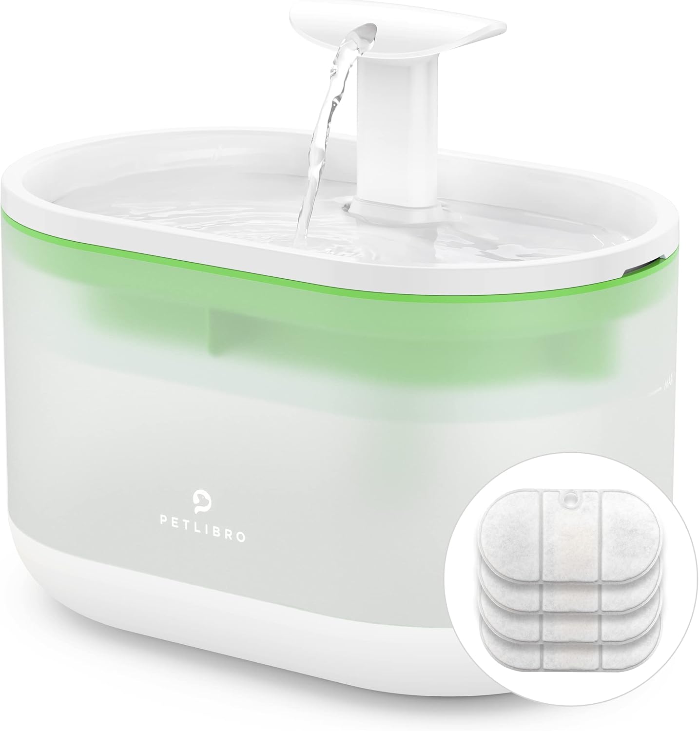 Fuente de agua de 71floz2.1L para gatos y perros, ultra silenciosa, sin BPA, dos modos de caudal y nivel de agua visible, cuenco de agua con 4