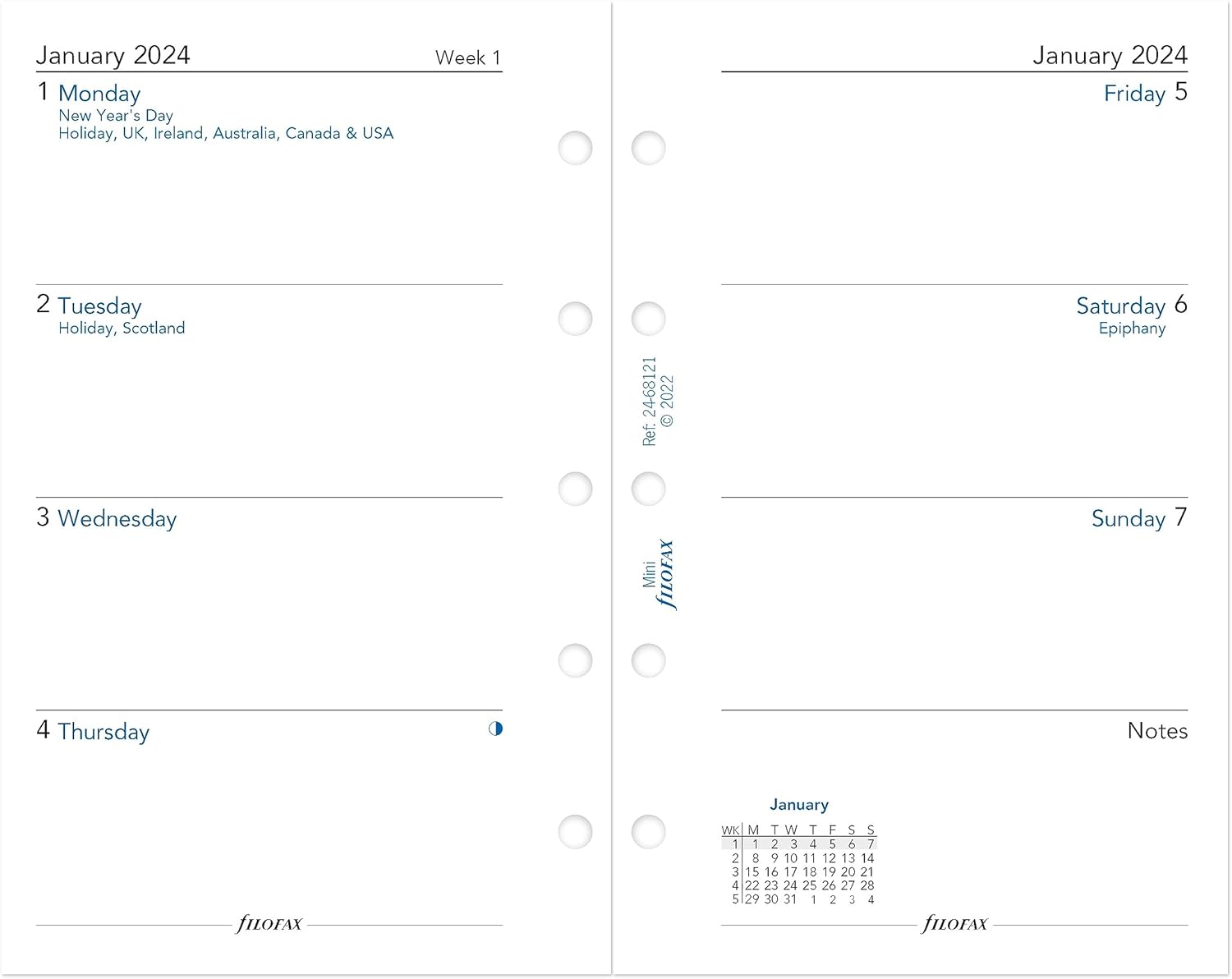 Filofax Recambio de diario para calendario, tamaño mini, sección de notas de semana a vista, papel blanco, sin rayas, inglés, 2024 (C68121-24)