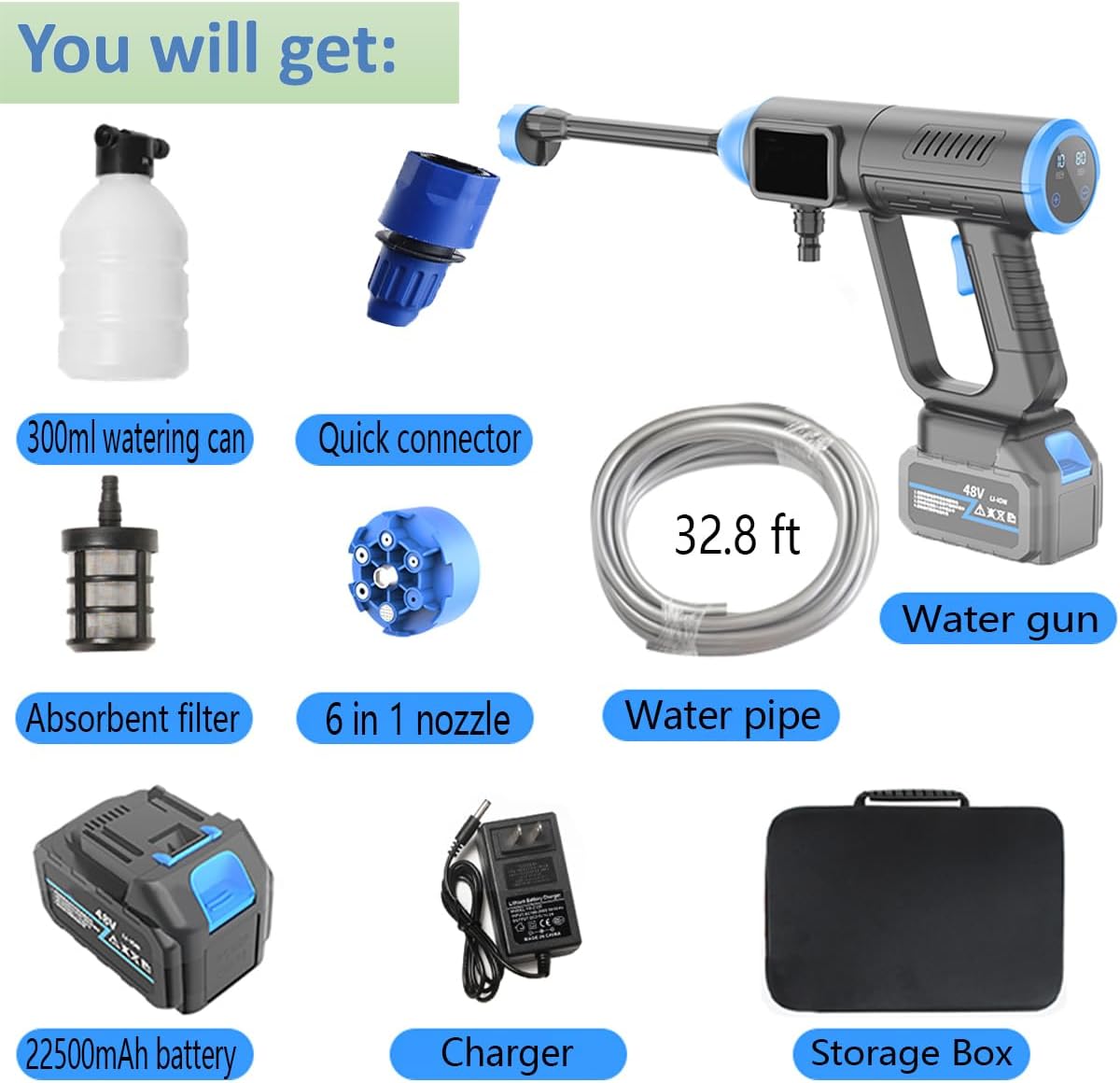 Lavadora a presión inalámbrica, pistola de limpieza portátil de 950 PSI, batería de 22500 mAh, boquilla 6 en 1, pistola de lavado de coche de alta